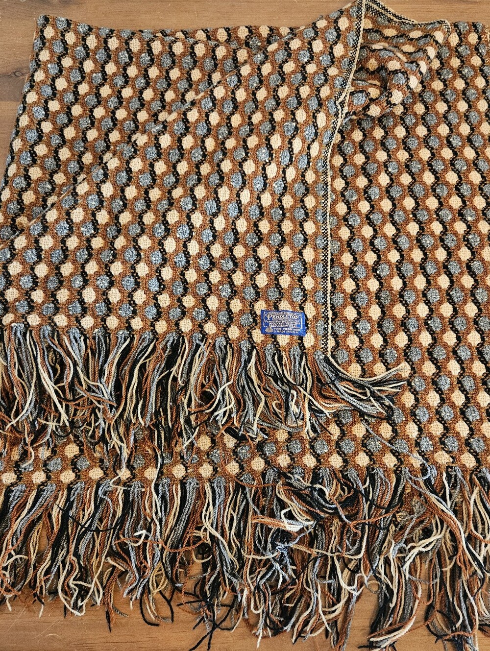 Pendleton Vintage Virgin Wool Woven Knit Fringed Throw Blanket Brown Gray Cream